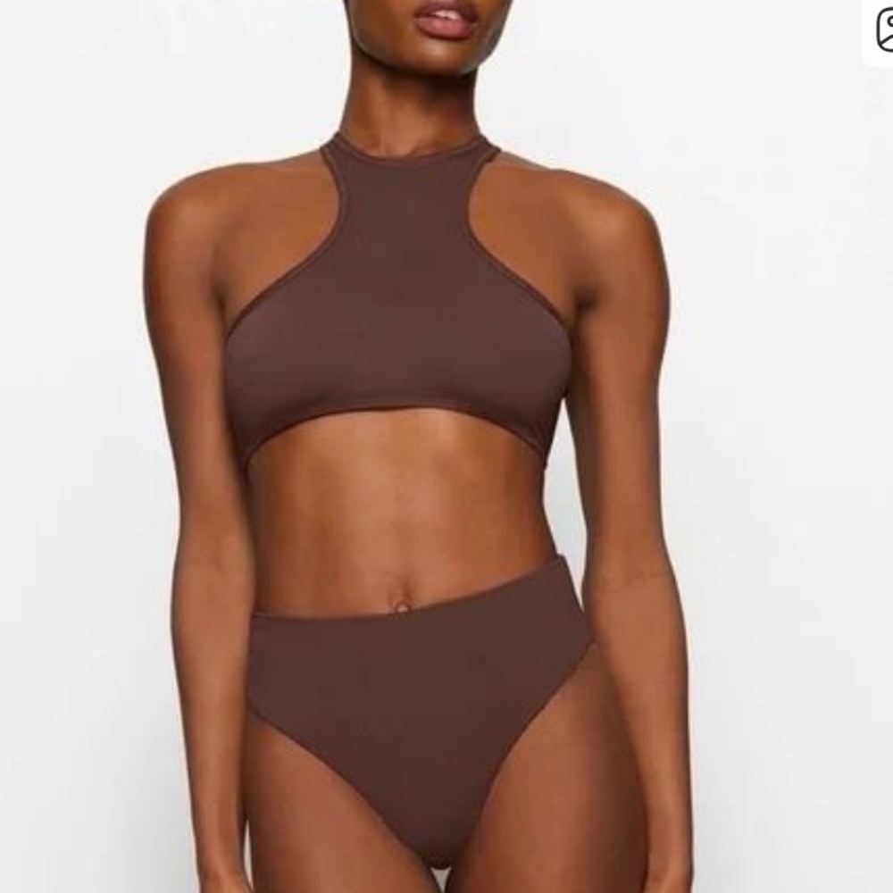 Skims Women's Cocoa Bikini Swim Racer Back High Rise Cheeky Bottom Size Medium